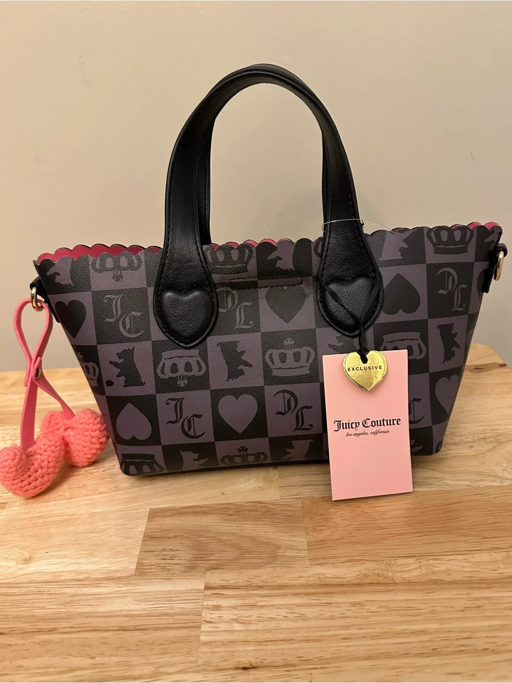Juicy Couture Black and Charcoal Checker Satchel with Pink Heart Charm